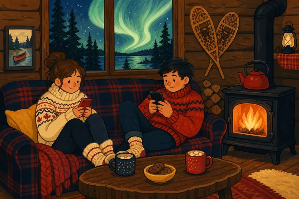 Friends in a lakeside cabin playing games on their phones