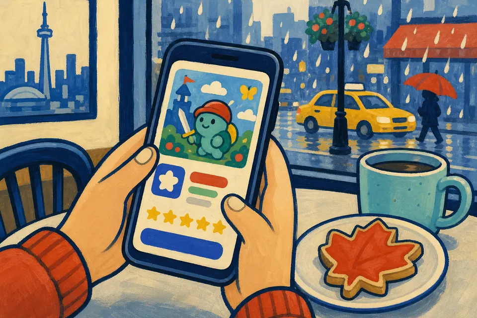 Hands checking a game listing on a phone in a café