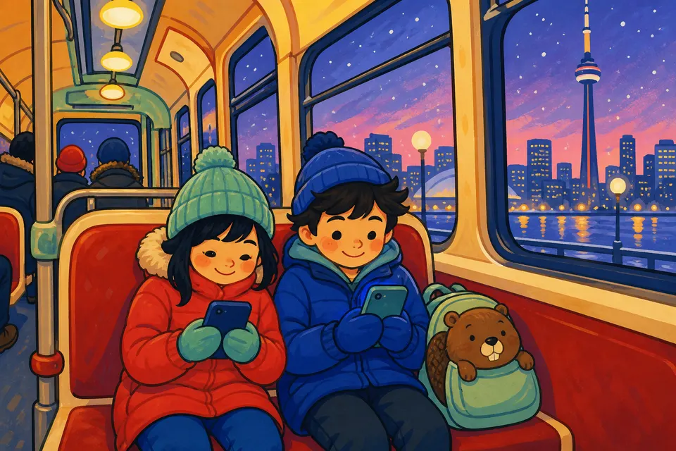 Two friends on a Toronto streetcar playing social games on their phones